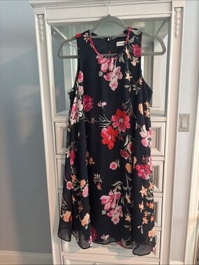 Calvin Klein Black Floral Shift Dress with Pink & Red Blooms